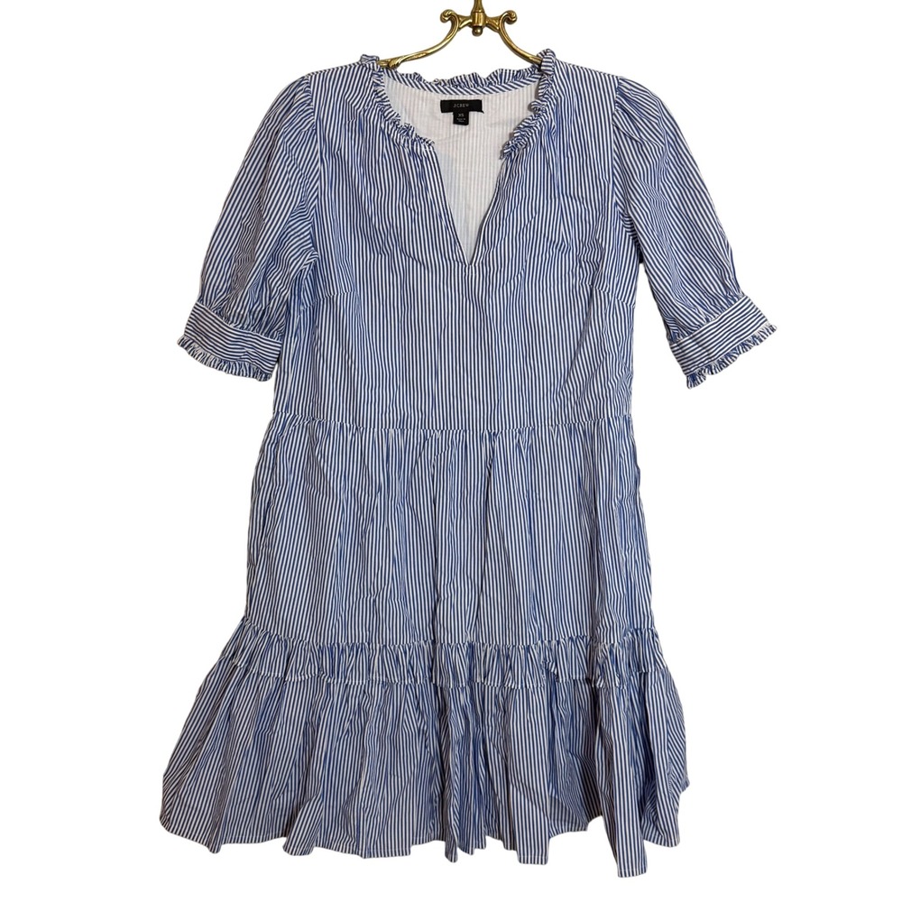 J. Crew Blue White Stripe‎ Tiered Ruffle Collar Dress Womens XS Cotton